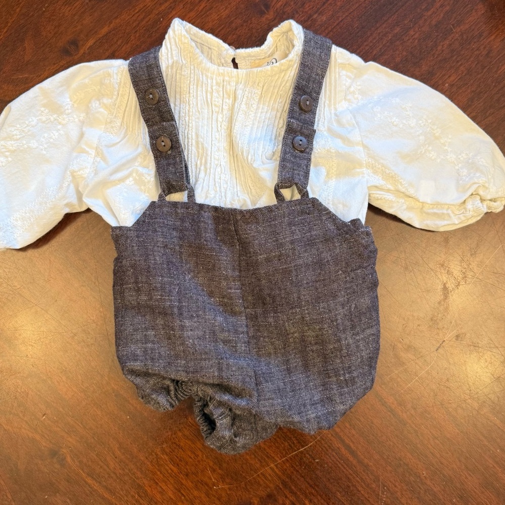 Neutral Cream Top with Charcoal Suspender Footie One-Piece